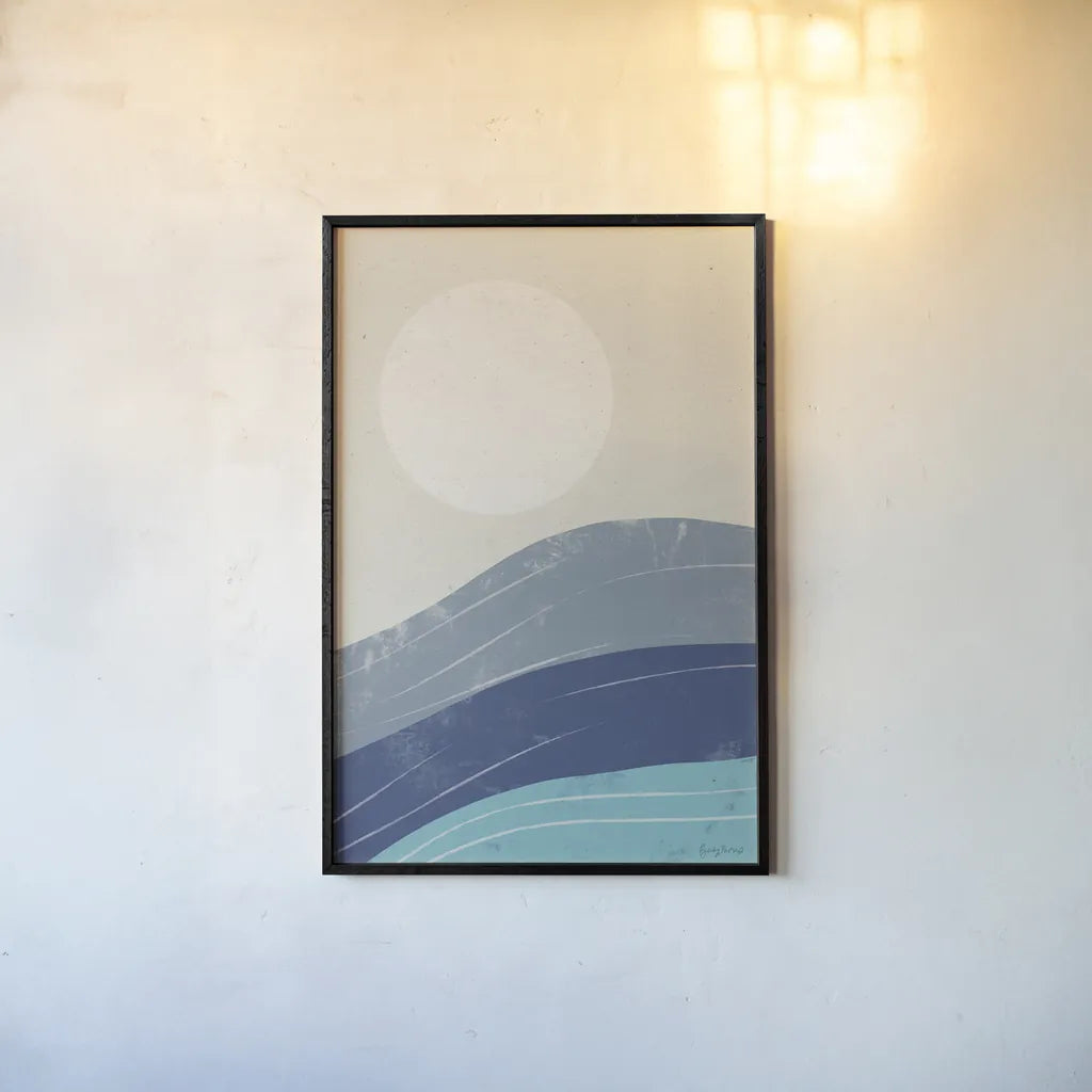 Desert Sunrise I Blue by Becky Thorns. shown as a paper print in a black flame. Available as a archival giclee rolled canvas, fine art paper, or poster print. SKU 74762h.