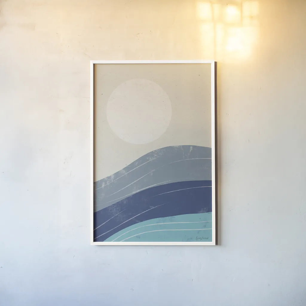 Desert Sunrise I Blue by Becky Thorns. shown as a paper print in a white frame. Available as a archival giclee rolled canvas, fine art paper, or poster print. SKU 74762h.