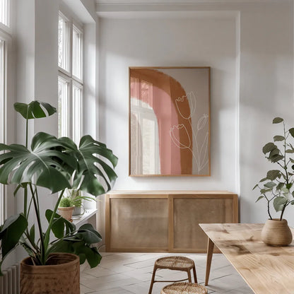 Desert Sunrise IV by Becky Thorns. shown as a print in a natural wood frame in a dining room. Available as a archival giclee rolled canvas, fine art paper, or poster print. SKU 69667h.