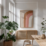 Desert Sunrise V by Becky Thorns. shown as a print in a natural wood frame in a dining room. Available as a archival giclee rolled canvas, fine art paper, or poster print. SKU 75970h.