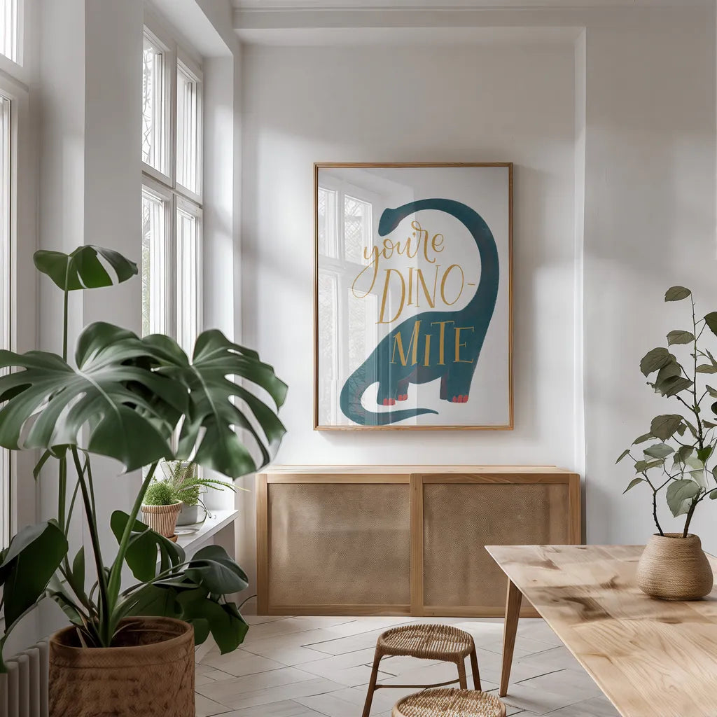 Dinomite by Becky Thorns. shown as a print in a natural wood frame in a dining room. Available as a archival giclee rolled canvas, fine art paper, or poster print. SKU 61424h.