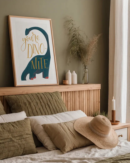 Dinomite by Becky Thorns. shown as a paper print in a natural frame. Available as a archival giclee rolled canvas, fine art paper, or poster print. SKU 61424h.