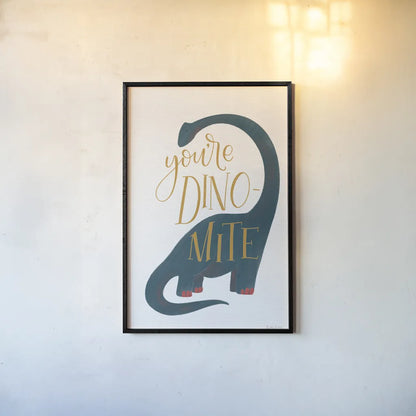 Dinomite by Becky Thorns. shown as a paper print in a black flame. Available as a archival giclee rolled canvas, fine art paper, or poster print. SKU 61424h.