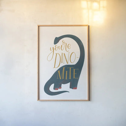 Dinomite by Becky Thorns. shown as a paper print in a natural frame. Available as a archival giclee rolled canvas, fine art paper, or poster print. SKU 61424h.