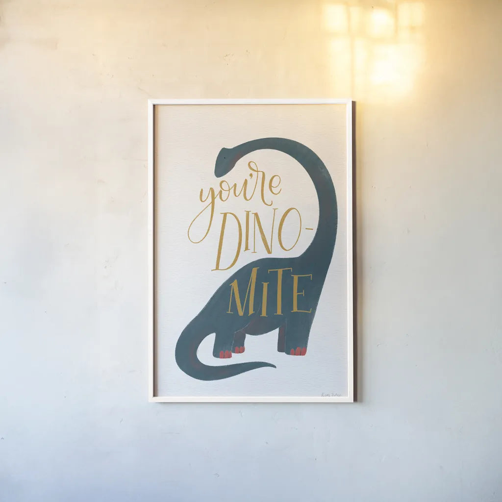 Dinomite by Becky Thorns. shown as a paper print in a white frame. Available as a archival giclee rolled canvas, fine art paper, or poster print. SKU 61424h.