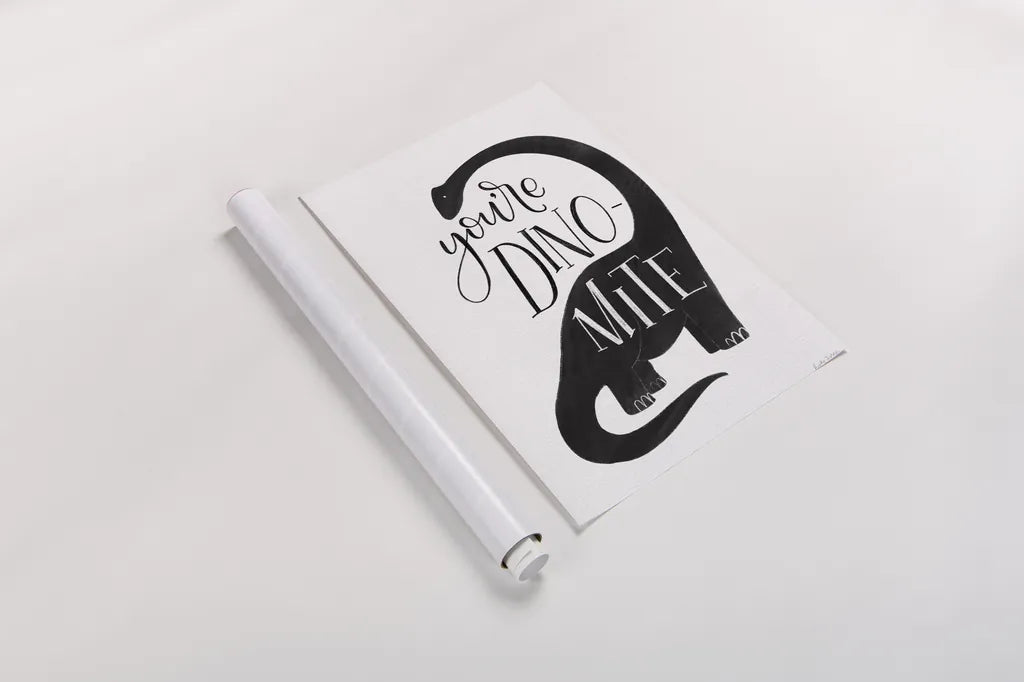 Dinomite BW by Becky Thorns. shown as a rolled paper print. Available as archival giclee rolled canvas, fine art paper, or poster print. SKU 61425h.