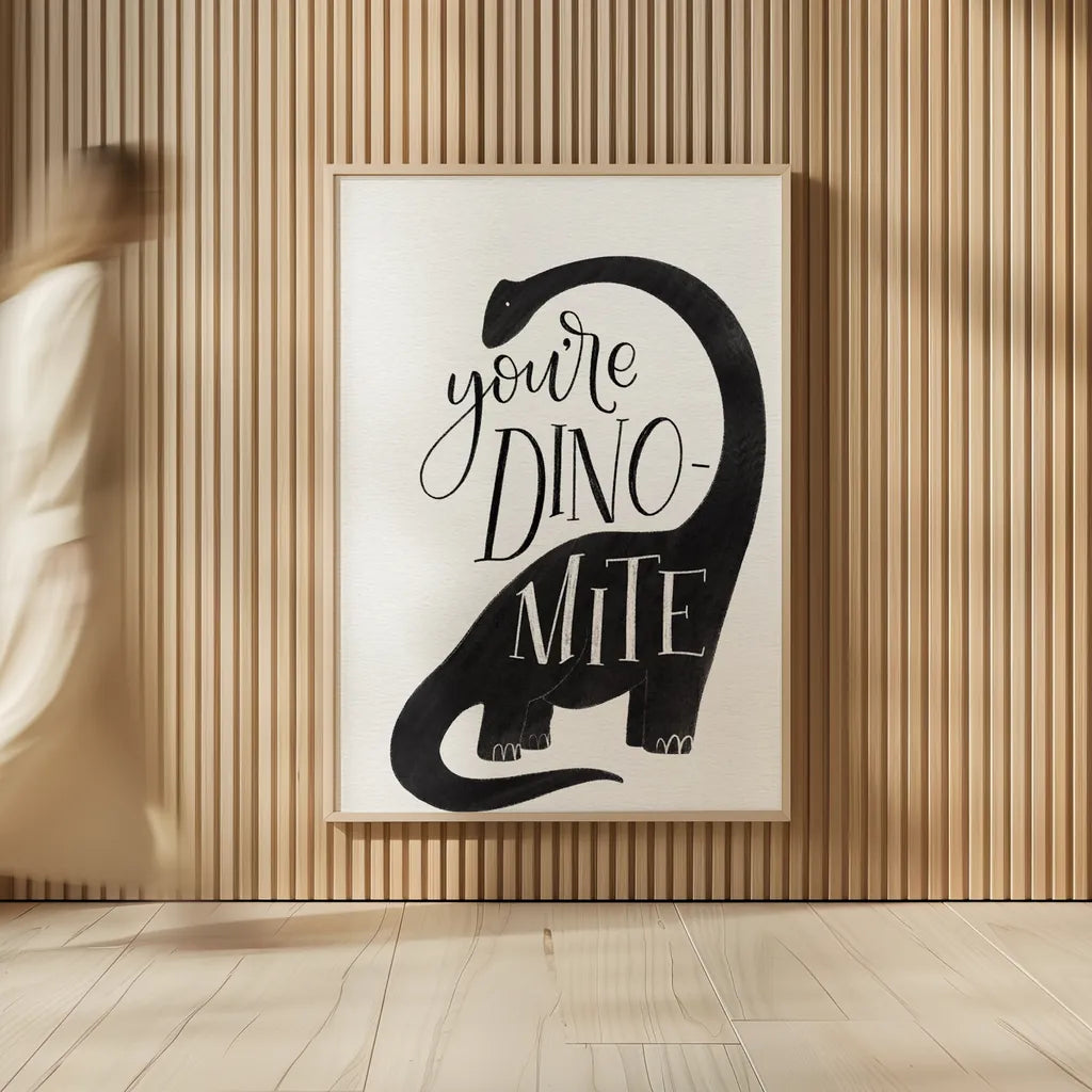 Dinomite BW by Becky Thorns. shown as over sized large wall art. Available as an archival giclee rolled canvas, fine art paper, or poster print. SKU 61425h.