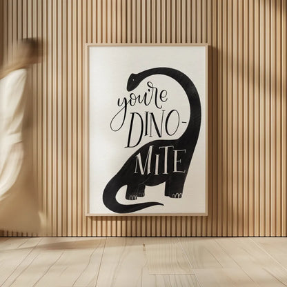 Dinomite BW by Becky Thorns. shown as over sized large wall art. Available as an archival giclee rolled canvas, fine art paper, or poster print. SKU 61425h.