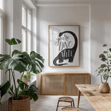 Dinomite BW by Becky Thorns. shown as a print in a natural wood frame in a dining room. Available as a archival giclee rolled canvas, fine art paper, or poster print. SKU 61425h.