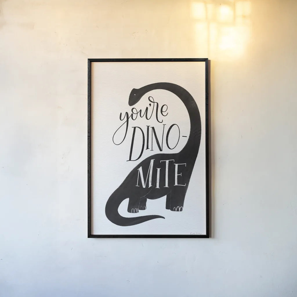 Dinomite BW by Becky Thorns. shown as a paper print in a black flame. Available as a archival giclee rolled canvas, fine art paper, or poster print. SKU 61425h.