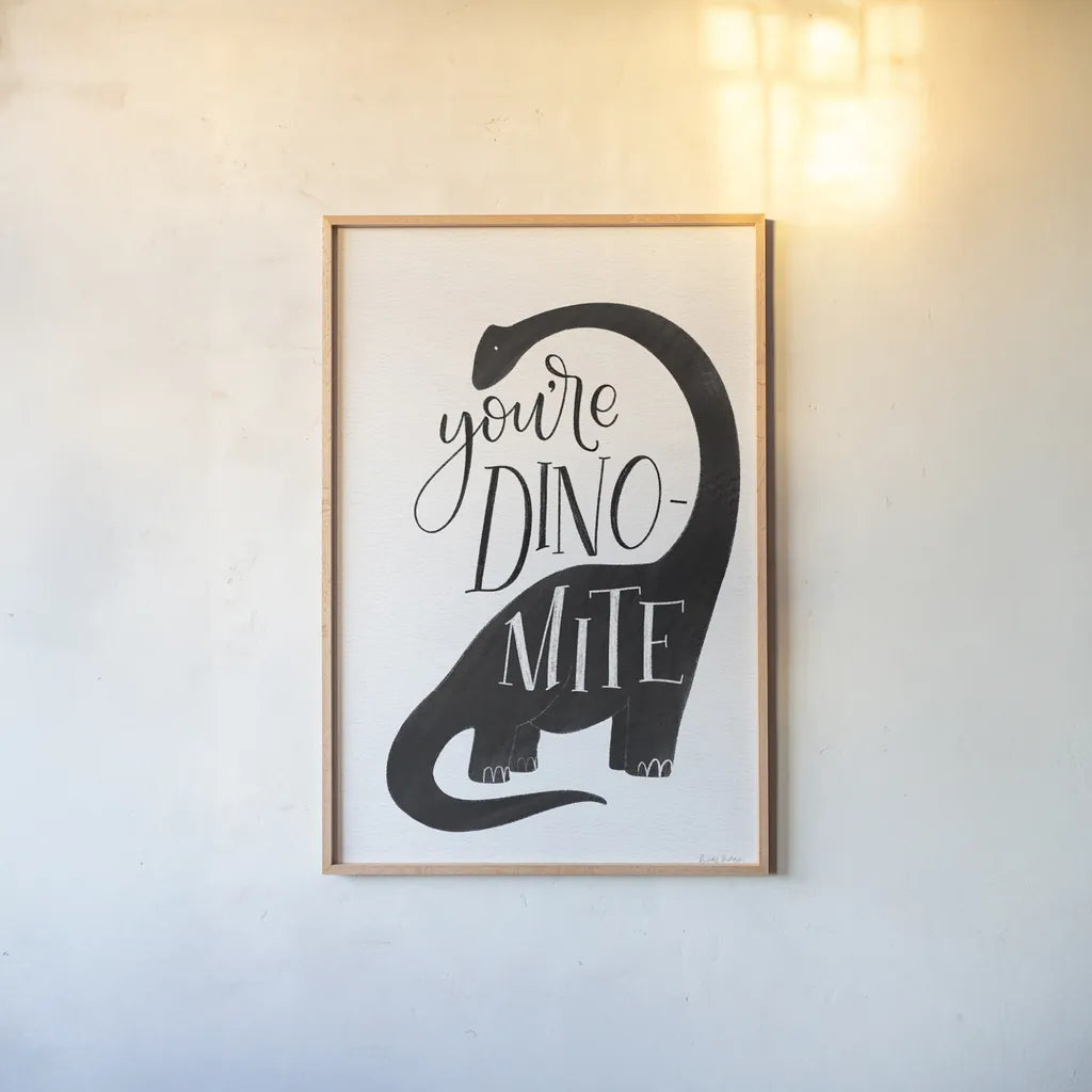 Dinomite BW by Becky Thorns. shown as a paper print in a natural frame. Available as a archival giclee rolled canvas, fine art paper, or poster print. SKU 61425h.