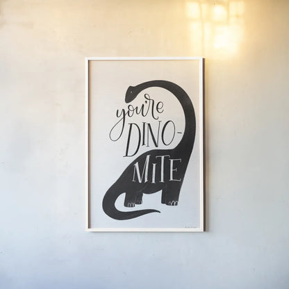 Dinomite BW by Becky Thorns. shown as a paper print in a white frame. Available as a archival giclee rolled canvas, fine art paper, or poster print. SKU 61425h.