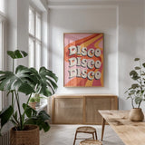 Disco Fever II by Becky Thorns. shown as a print in a natural wood frame in a dining room. Available as a archival giclee rolled canvas, fine art paper, or poster print. SKU 91356h.