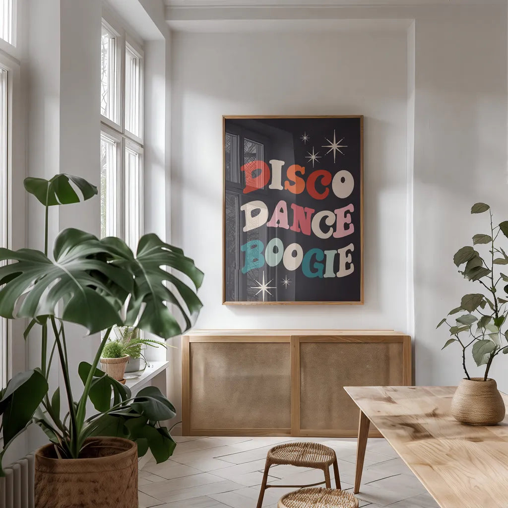 Disco Fever III by Becky Thorns. shown as a print in a natural wood frame in a dining room. Available as a archival giclee rolled canvas, fine art paper, or poster print. SKU 91357h.
