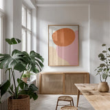 Eclectic I by Becky Thorns. shown as a print in a natural wood frame in a dining room. Available as a archival giclee rolled canvas, fine art paper, or poster print. SKU 65322h.