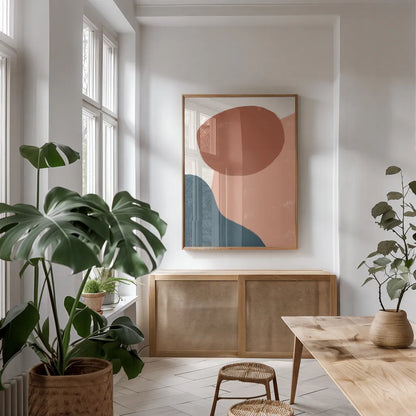 Eclectic I Warm by Becky Thorns. shown as a print in a natural wood frame in a dining room. Available as a archival giclee rolled canvas, fine art paper, or poster print. SKU 71368h.