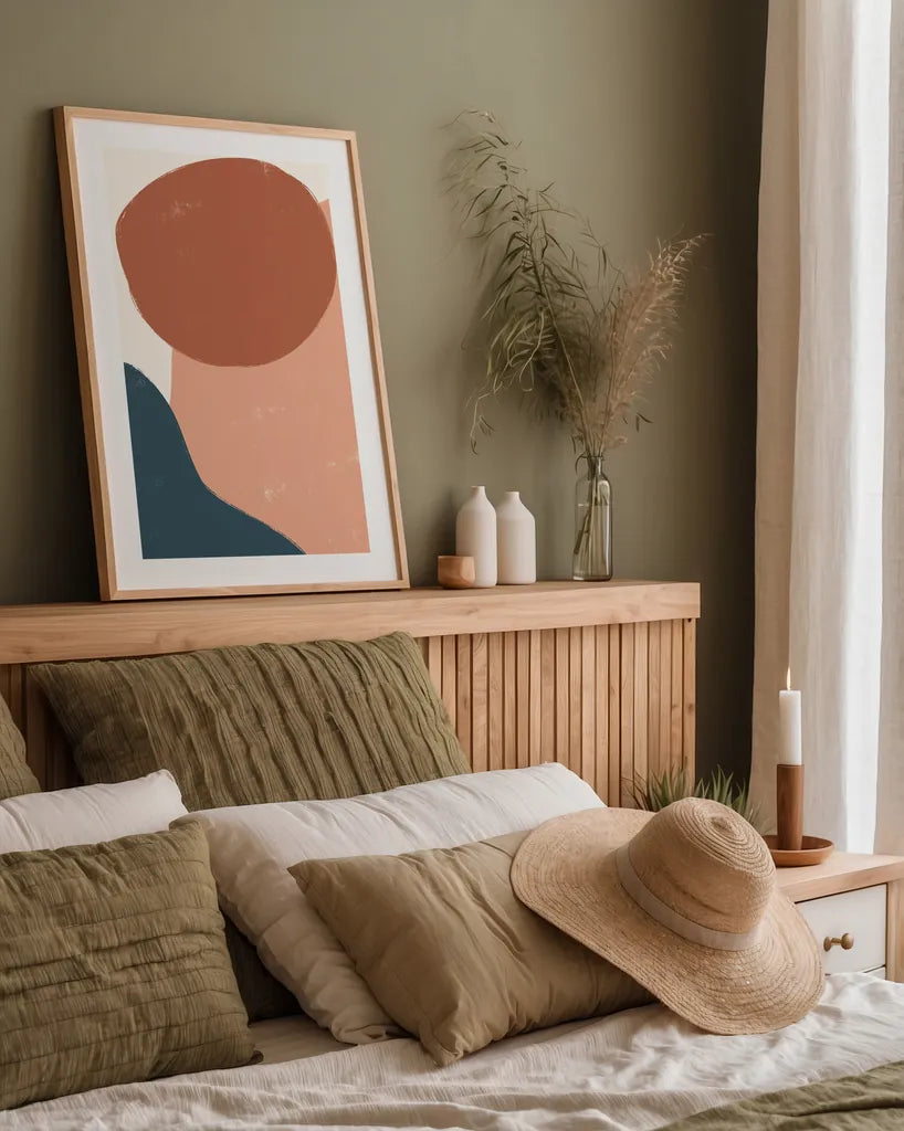 Eclectic I Warm by Becky Thorns. shown as a paper print in a natural frame. Available as a archival giclee rolled canvas, fine art paper, or poster print. SKU 71368h.