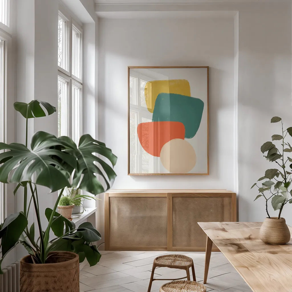 Eclectic II by Becky Thorns. shown as a print in a natural wood frame in a dining room. Available as a archival giclee rolled canvas, fine art paper, or poster print. SKU 65323h.