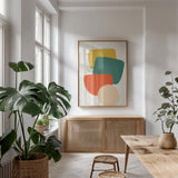 Eclectic II by Becky Thorns. shown as a print in a natural wood frame in a dining room. Available as a archival giclee rolled canvas, fine art paper, or poster print. SKU 65323h.