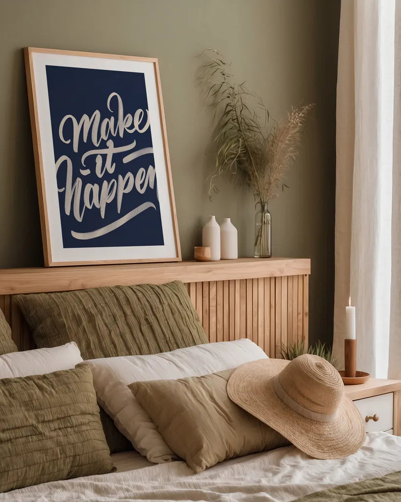 Encouraging Words - Happen by Becky Thorns. shown as a paper print in a natural frame. Available as a archival giclee rolled canvas, fine art paper, or poster print. SKU 58586h.