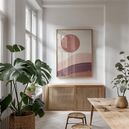 Eventide Desert Sunrise I by Becky Thorns. shown as a print in a natural wood frame in a dining room. Available as a archival giclee rolled canvas, fine art paper, or poster print. SKU 70976h.