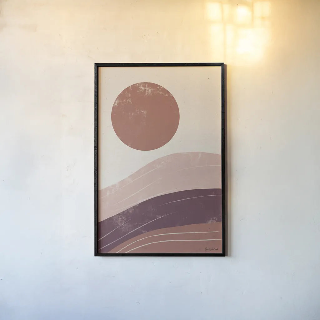 Eventide Desert Sunrise I by Becky Thorns. shown as a paper print in a black flame. Available as a archival giclee rolled canvas, fine art paper, or poster print. SKU 70976h.