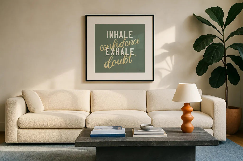 Everyday Sentiment I by Becky Thorns. Displayed in a glass frame with matte in a clean modern living room. Available as an archival giclee rolled canvas, fine art paper, or poster print. SKU 58705a.