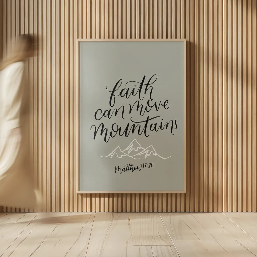 Faith Can Move Mountains by Becky Thorns. shown as over sized large wall art. Available as an archival giclee rolled canvas, fine art paper, or poster print. SKU 61720h.