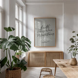 Faith Can Move Mountains by Becky Thorns. shown as a print in a natural wood frame in a dining room. Available as a archival giclee rolled canvas, fine art paper, or poster print. SKU 61720h.