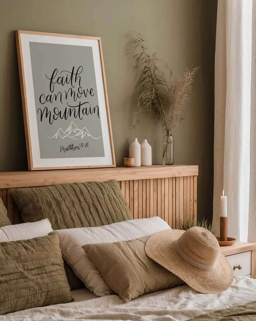 Faith Can Move Mountains by Becky Thorns. shown as a paper print in a natural frame. Available as a archival giclee rolled canvas, fine art paper, or poster print. SKU 61720h.