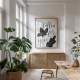 Fallin For You BW by Becky Thorns. shown as a print in a natural wood frame in a dining room. Available as a archival giclee rolled canvas, fine art paper, or poster print. SKU 61423h.