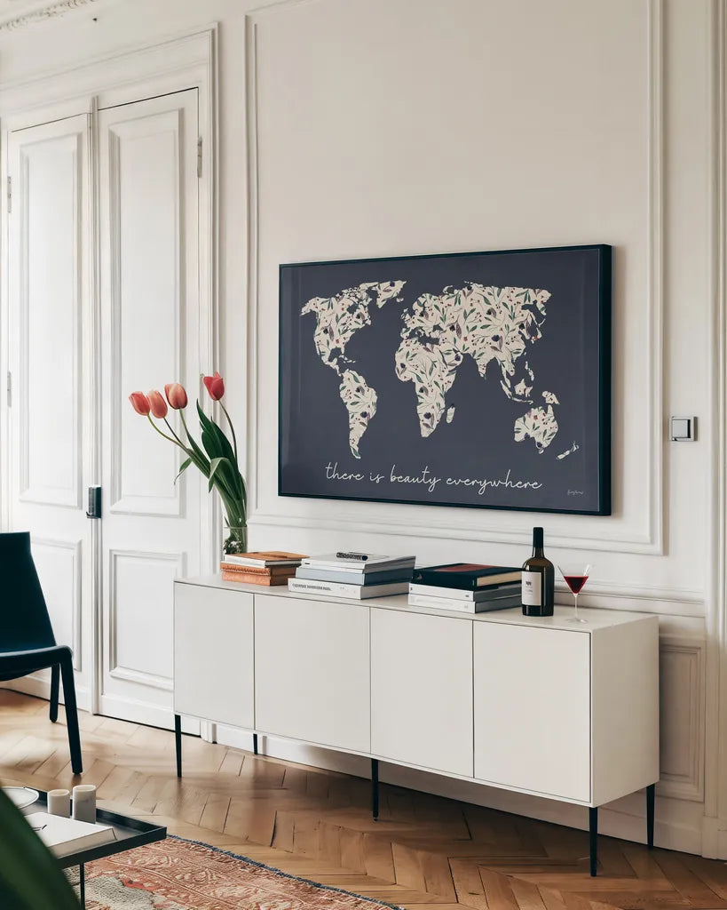 Floral Mapped Out by Becky Thorns. shown as a framed stretched canvas in a living room above a console. Available as a archival giclee rolled canvas, fine art paper, or poster print. SKU 68525i.