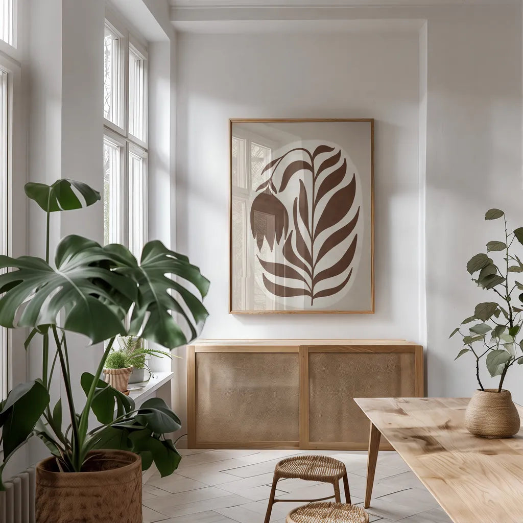 Floral Simplicity I by Becky Thorns. shown as a print in a natural wood frame in a dining room. Available as a archival giclee rolled canvas, fine art paper, or poster print. SKU 92144h.