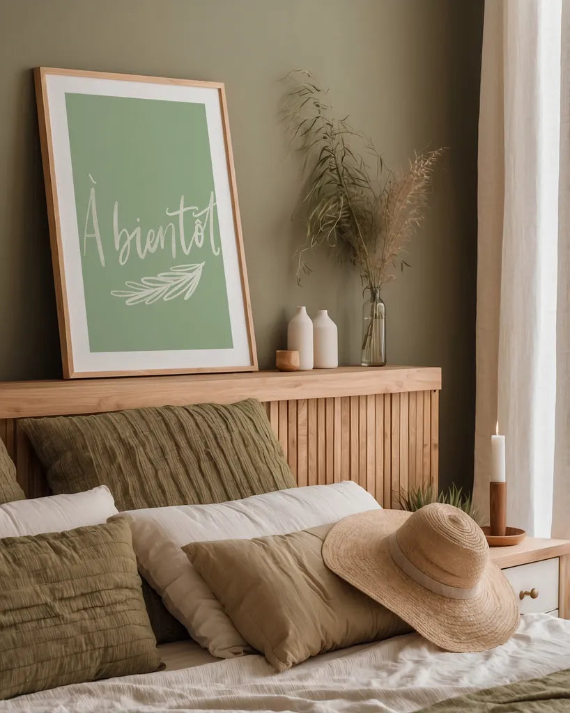 French Phrases IV by Becky Thorns. shown as a paper print in a natural frame. Available as a archival giclee rolled canvas, fine art paper, or poster print. SKU 83387h.