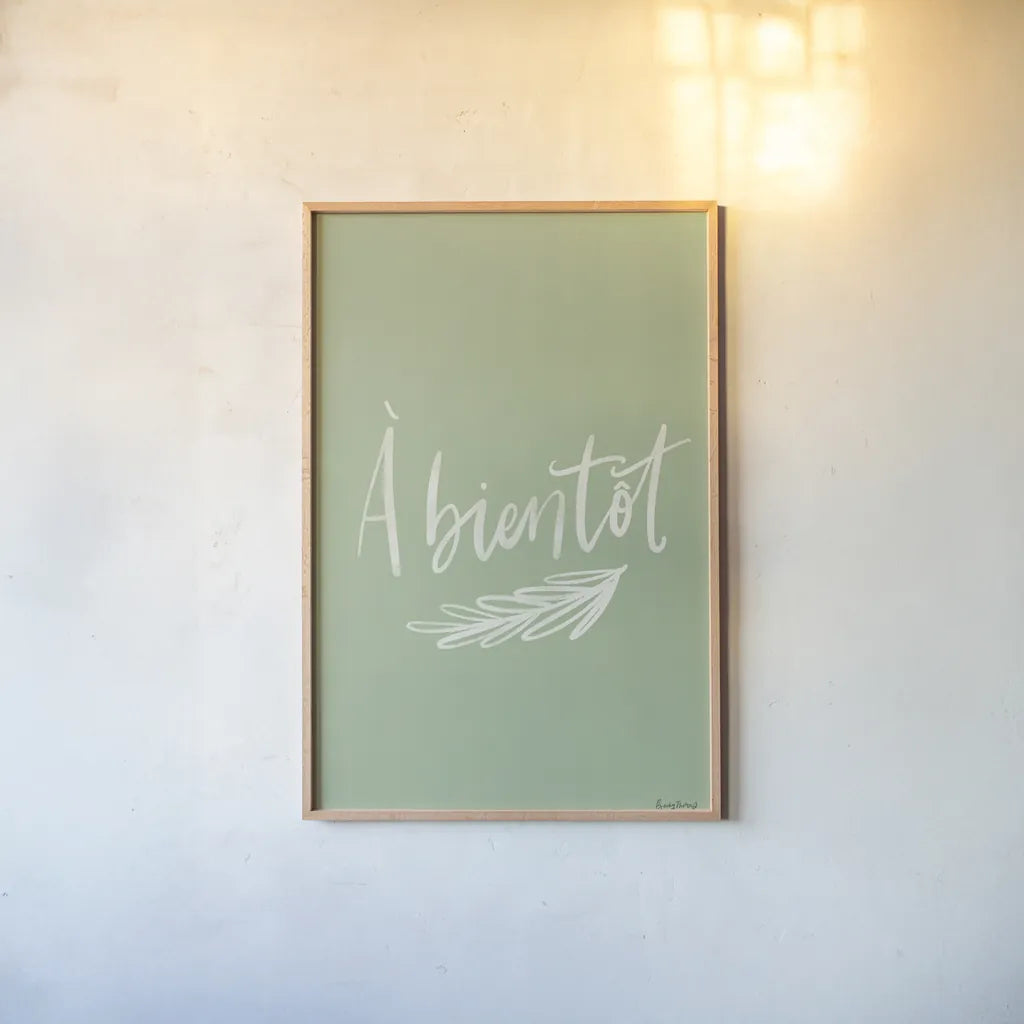 French Phrases IV by Becky Thorns. shown as a paper print in a natural frame. Available as a archival giclee rolled canvas, fine art paper, or poster print. SKU 83387h.