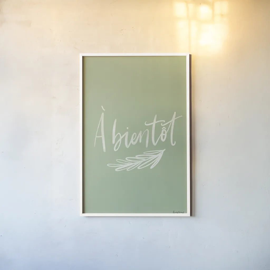 French Phrases IV by Becky Thorns. shown as a paper print in a white frame. Available as a archival giclee rolled canvas, fine art paper, or poster print. SKU 83387h.