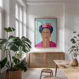 Frida Kahlo I by Becky Thorns. shown as a print in a natural wood frame in a dining room. Available as a archival giclee rolled canvas, fine art paper, or poster print. SKU 67919h.