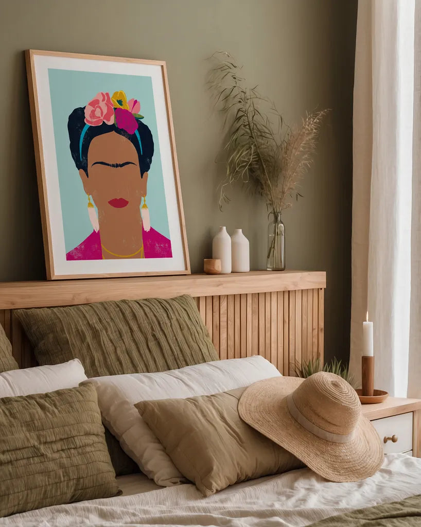 Frida Kahlo I by Becky Thorns. shown as a paper print in a natural frame. Available as a archival giclee rolled canvas, fine art paper, or poster print. SKU 67919h.
