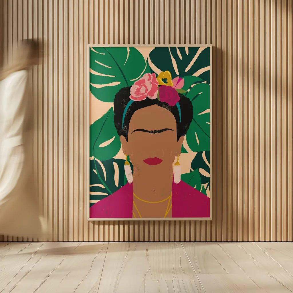 Frida Kahlo I Palms by Becky Thorns. shown as over sized large wall art. Available as an archival giclee rolled canvas, fine art paper, or poster print. SKU 69861h.
