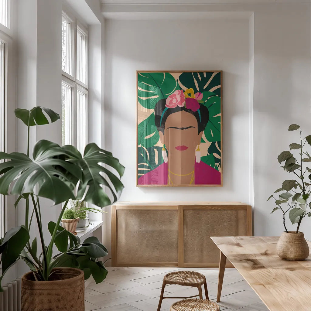 Frida Kahlo I Palms by Becky Thorns. shown as a print in a natural wood frame in a dining room. Available as a archival giclee rolled canvas, fine art paper, or poster print. SKU 69861h.