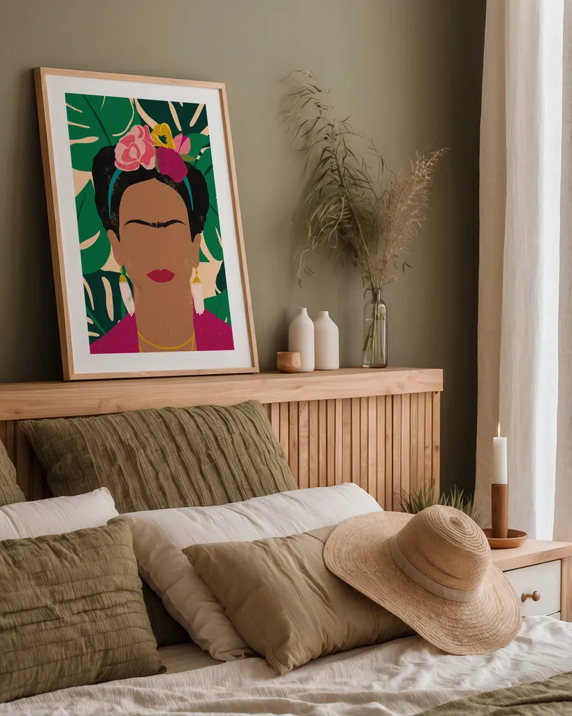 Frida Kahlo I Palms by Becky Thorns. shown as a paper print in a natural frame. Available as a archival giclee rolled canvas, fine art paper, or poster print. SKU 69861h.