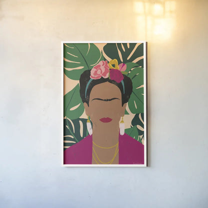 Frida Kahlo I Palms by Becky Thorns. shown as a paper print in a white frame. Available as a archival giclee rolled canvas, fine art paper, or poster print. SKU 69861h.