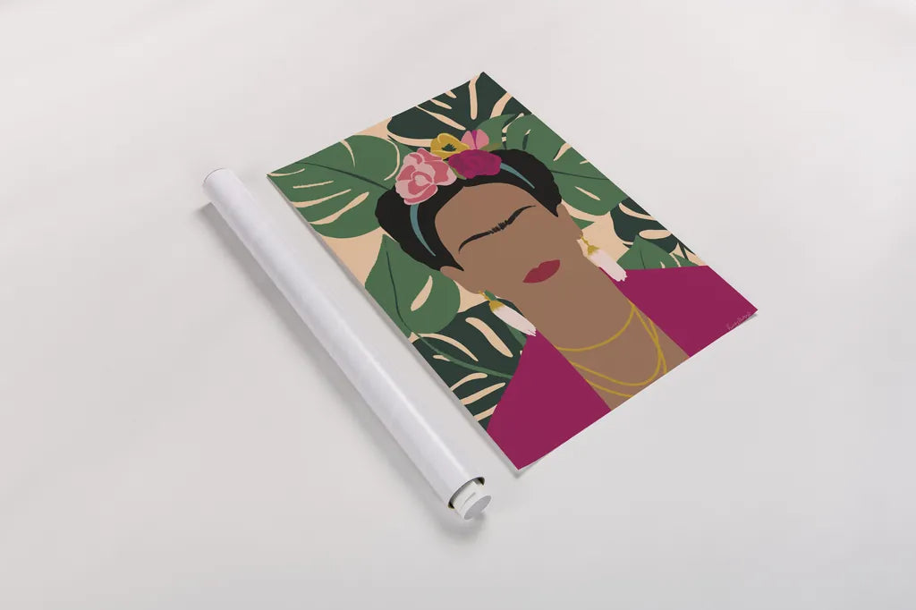 Frida Kahlo I Palms No Distress by Becky Thorns. shown as a rolled paper print. Available as archival giclee rolled canvas, fine art paper, or poster print. SKU 71836h.