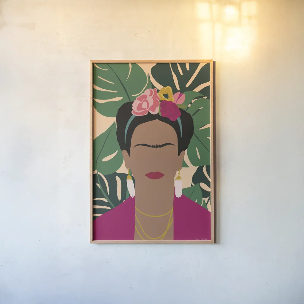 Frida Kahlo I Palms No Distress by Becky Thorns. shown as a paper print in a natural frame. Available as a archival giclee rolled canvas, fine art paper, or poster print. SKU 71836h.