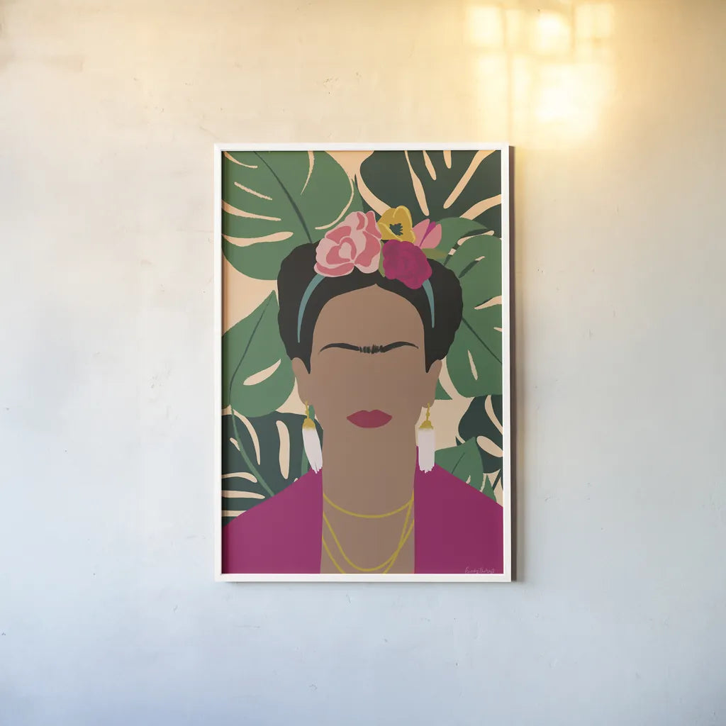 Frida Kahlo I Palms No Distress by Becky Thorns. shown as a paper print in a white frame. Available as a archival giclee rolled canvas, fine art paper, or poster print. SKU 71836h.