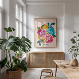 Frida Kahlo II by Becky Thorns. shown as a print in a natural wood frame in a dining room. Available as a archival giclee rolled canvas, fine art paper, or poster print. SKU 67920h.