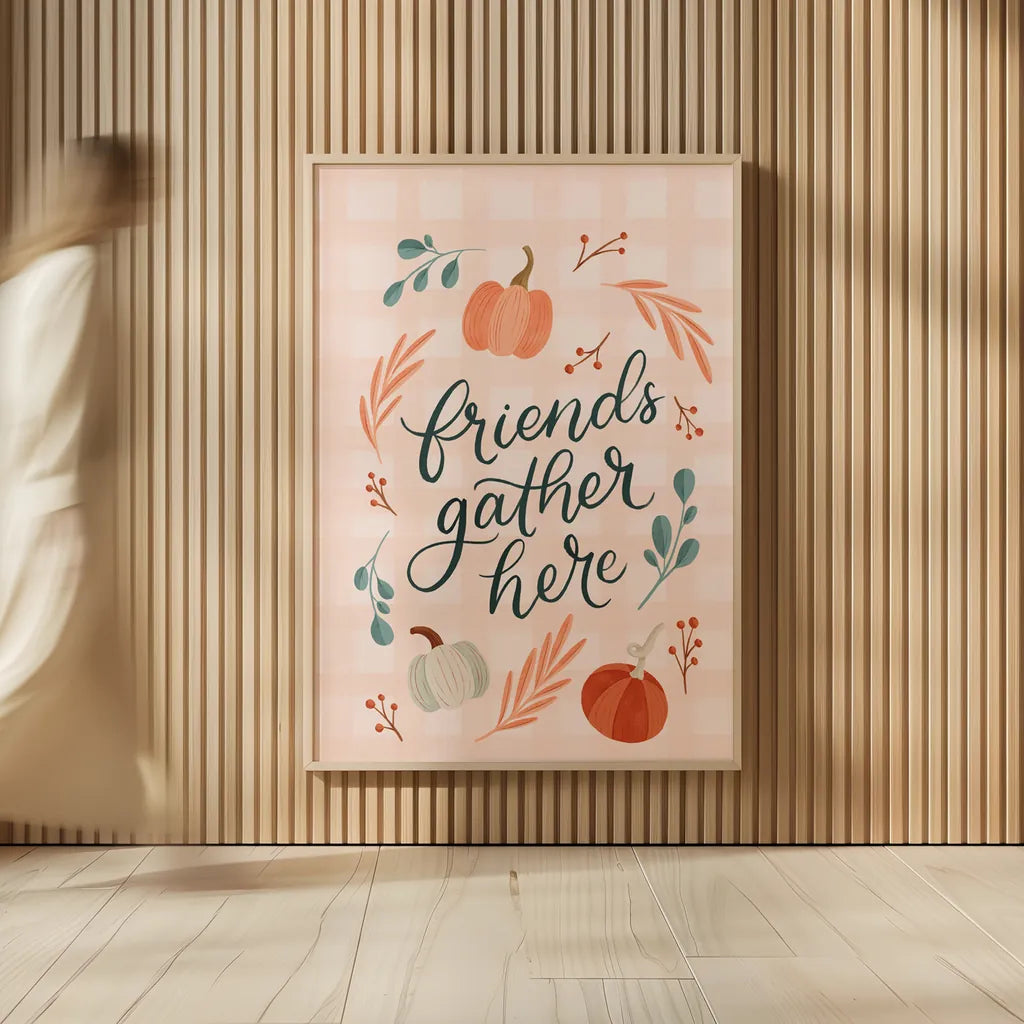 Friendsgiving I by Becky Thorns. shown as over sized large wall art. Available as an archival giclee rolled canvas, fine art paper, or poster print. SKU 80043h.