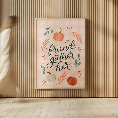 Friendsgiving I by Becky Thorns. shown as over sized large wall art. Available as an archival giclee rolled canvas, fine art paper, or poster print. SKU 80043h.