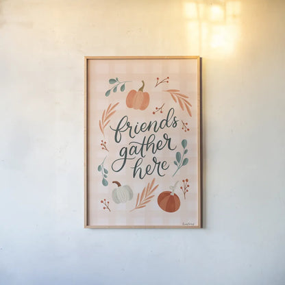 Friendsgiving I by Becky Thorns. shown as a paper print in a natural frame. Available as a archival giclee rolled canvas, fine art paper, or poster print. SKU 80043h.