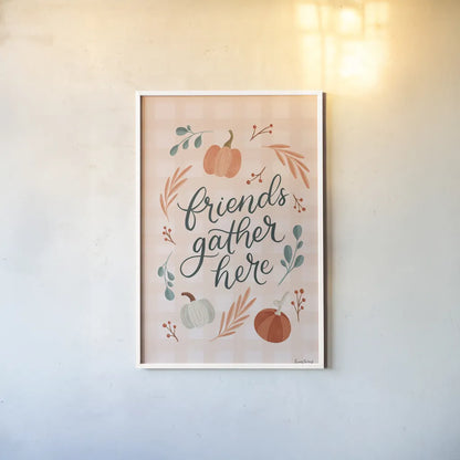 Friendsgiving I by Becky Thorns. shown as a paper print in a white frame. Available as a archival giclee rolled canvas, fine art paper, or poster print. SKU 80043h.